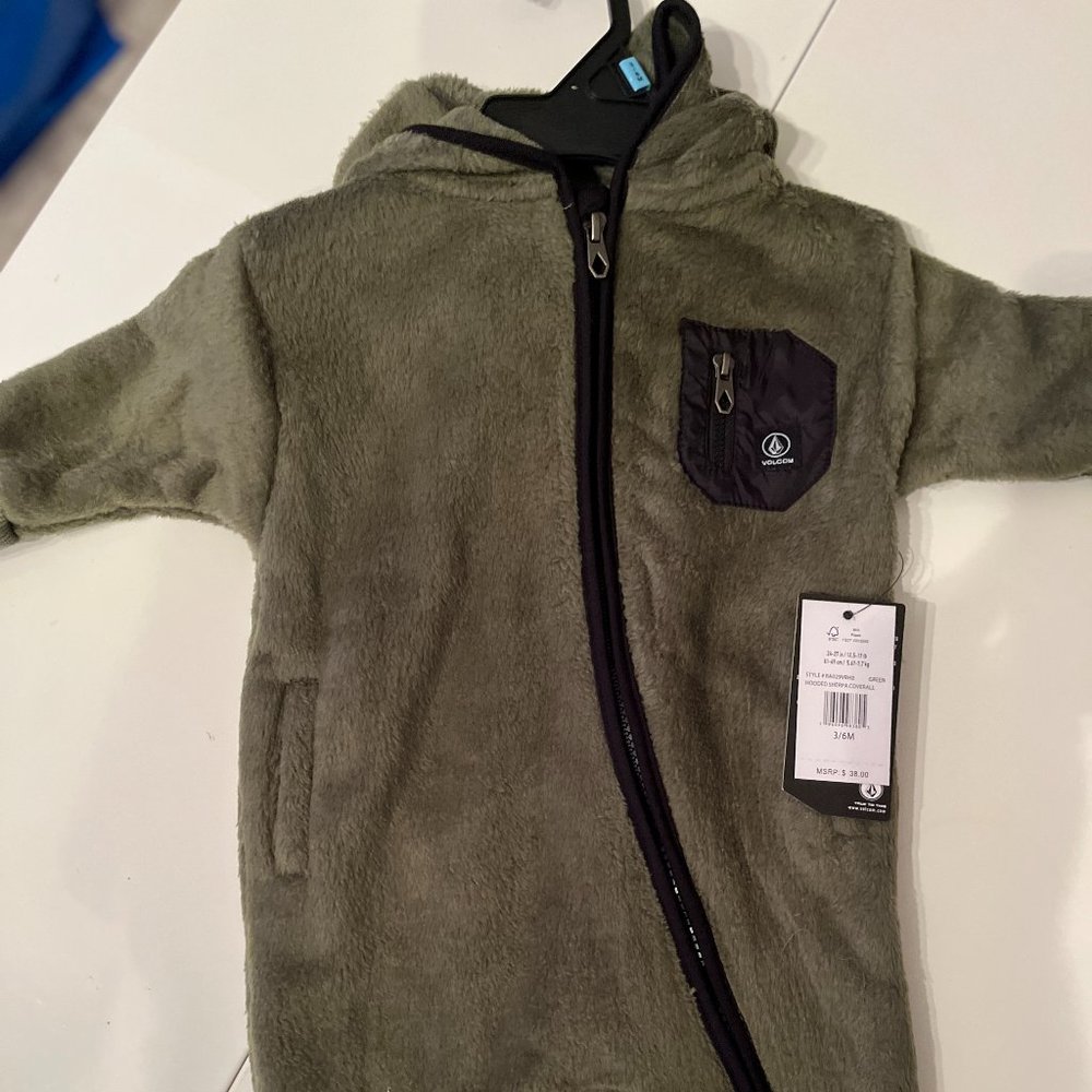 Volcom Olive Green Fleece Hooded One-Piece Bodysuit with Black Pocket